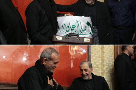 اهدای پرچم متبرک حرم حضرت علی (ع) در حسینیه ثارالله شمیران به رئیس جمهور منتخب